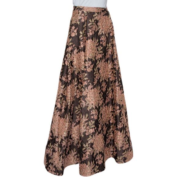Alice + Olivia  Brown Lurex Floral Jacquard Pleated Rachelle Maxi Skirt S - Picture 2 of 6